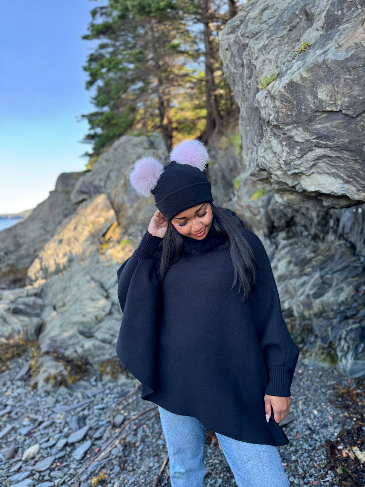 Knit Hat w/Double Fox Pom