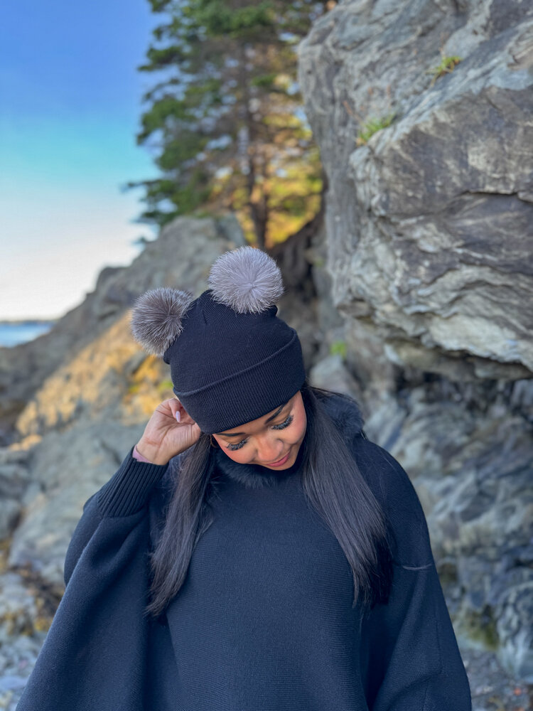 Knit Hat w/Double Fox Pom