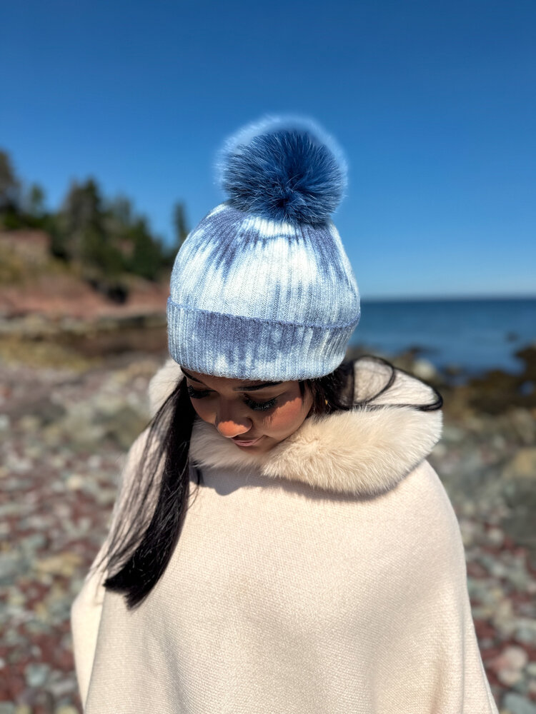Knit Tie-Dye Hat with Fox Pom