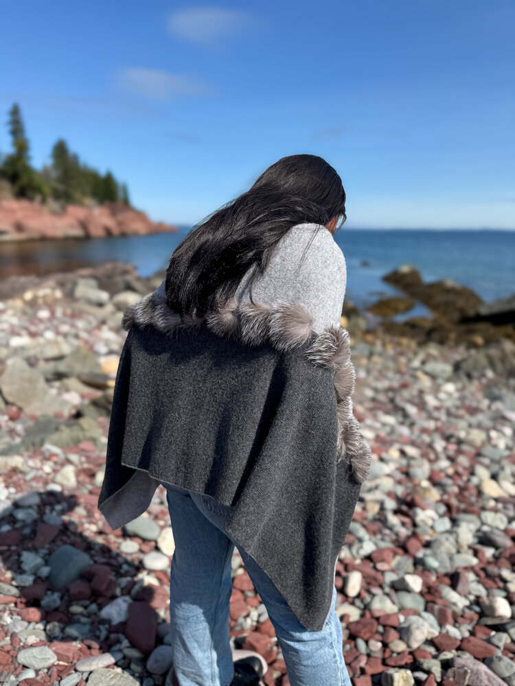 Wool Knit Poncho w/Fox Trim