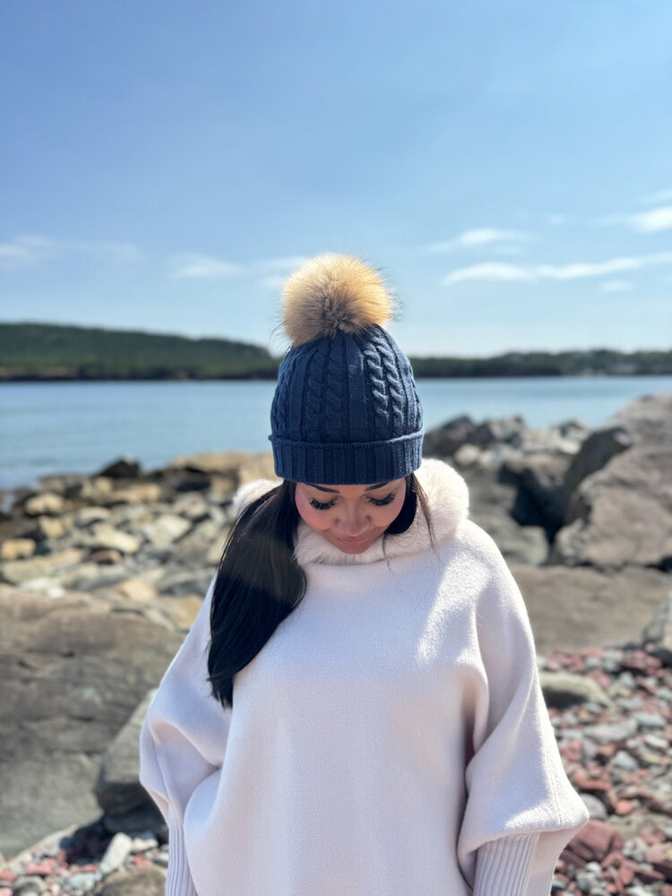 Navy Cable Knit Beanie Finn Pom