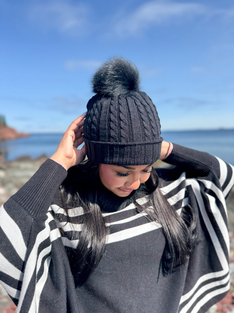 Cable Knit Beanie w/Fox or Raccoon Pom