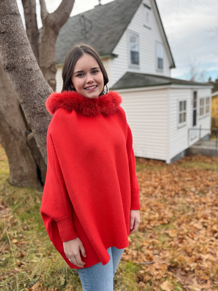 Fox Trim Knit Poncho