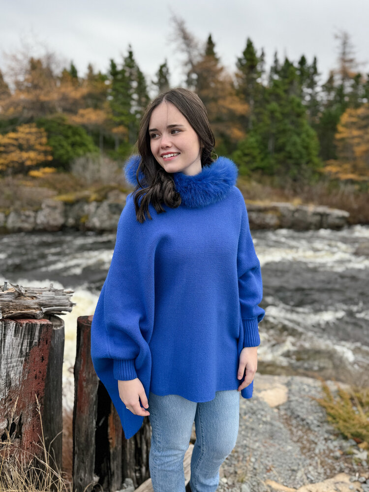 Fox Trim Knit Poncho