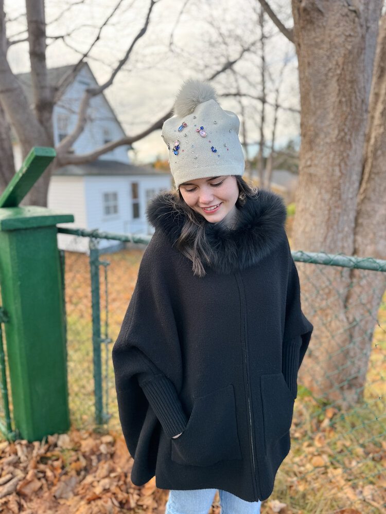 Beanie with Crystals and Fox Pom