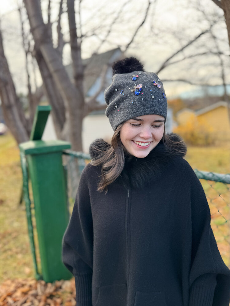Beanie with Crystals and Fox Pom