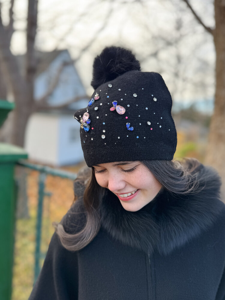 Beanie with Crystals and Fox Pom
