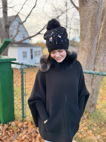 Beanie with Crystals and Fox Pom