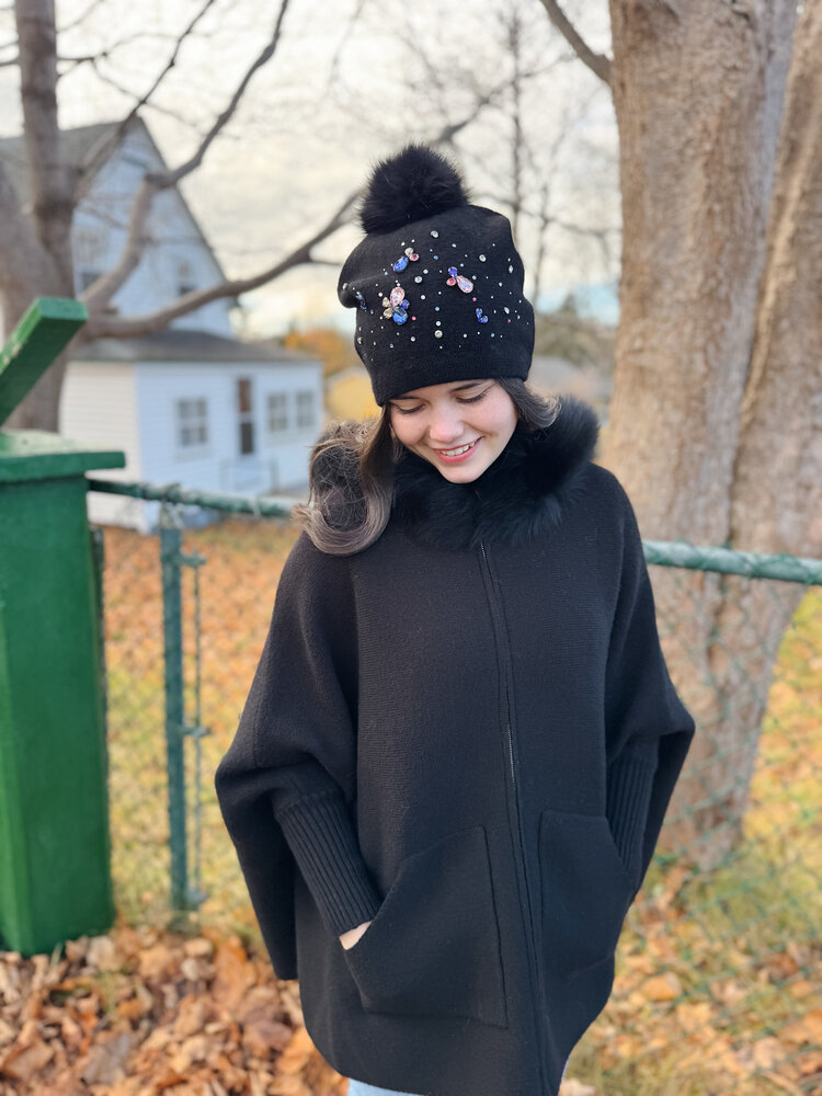 Beanie with Crystals and Fox Pom