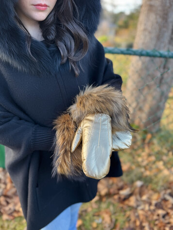 Metallic Gold Leather Mittens w/Fur Trim
