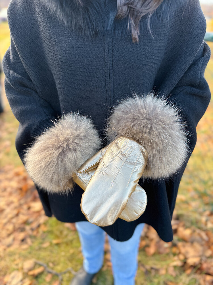 Metallic Gold Leather Mittens w/Fur Trim