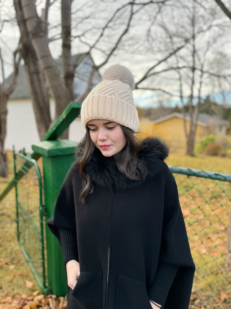 Woven Hat with Fox Pom