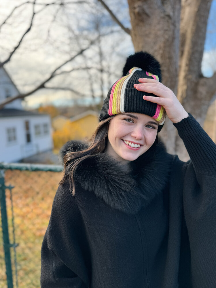 Modern Striped Hat with Fox Pom