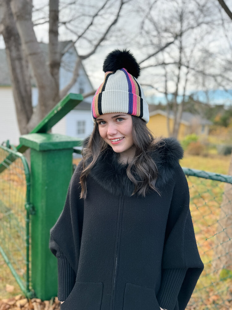 Modern Striped Hat with Fox Pom