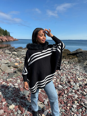 Striped Knit Hoodie Poncho Fox Trim