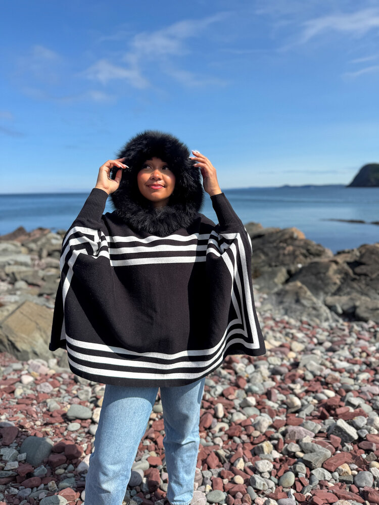 Striped Knit Hoodie Poncho Fox Trim
