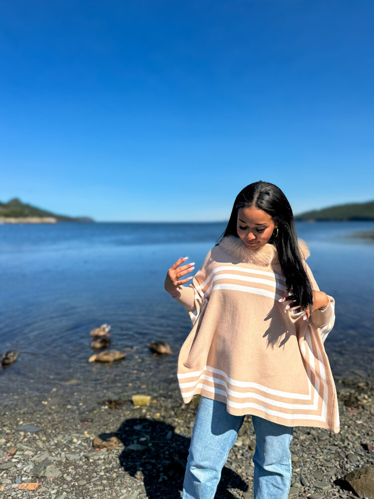 Striped Knit Hoodie Poncho Fox Trim