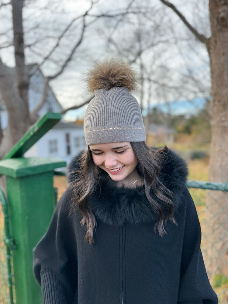 Fox Fur Beanie with Crystal Detail