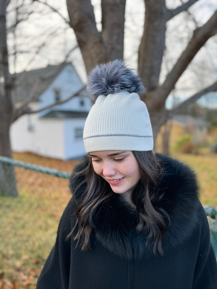 Fox Fur Beanie with Crystal Detail