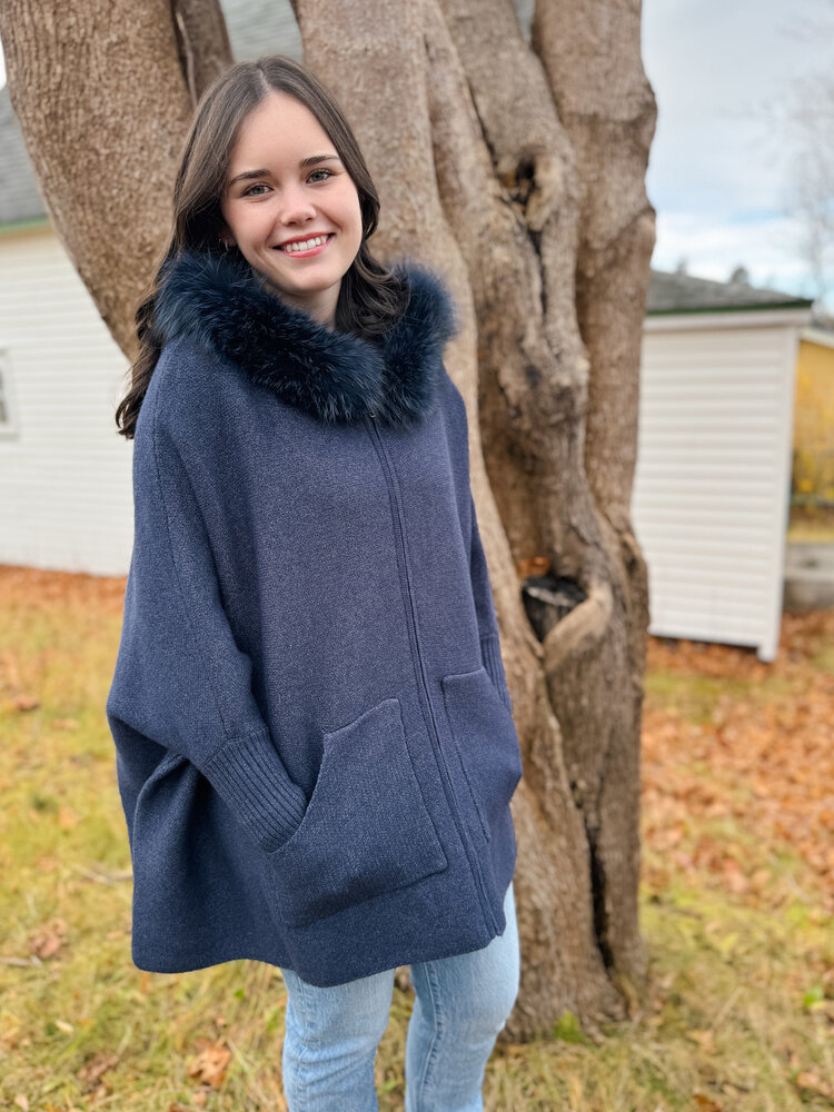 Zip Up Knit Hoodie Poncho Fox Trim