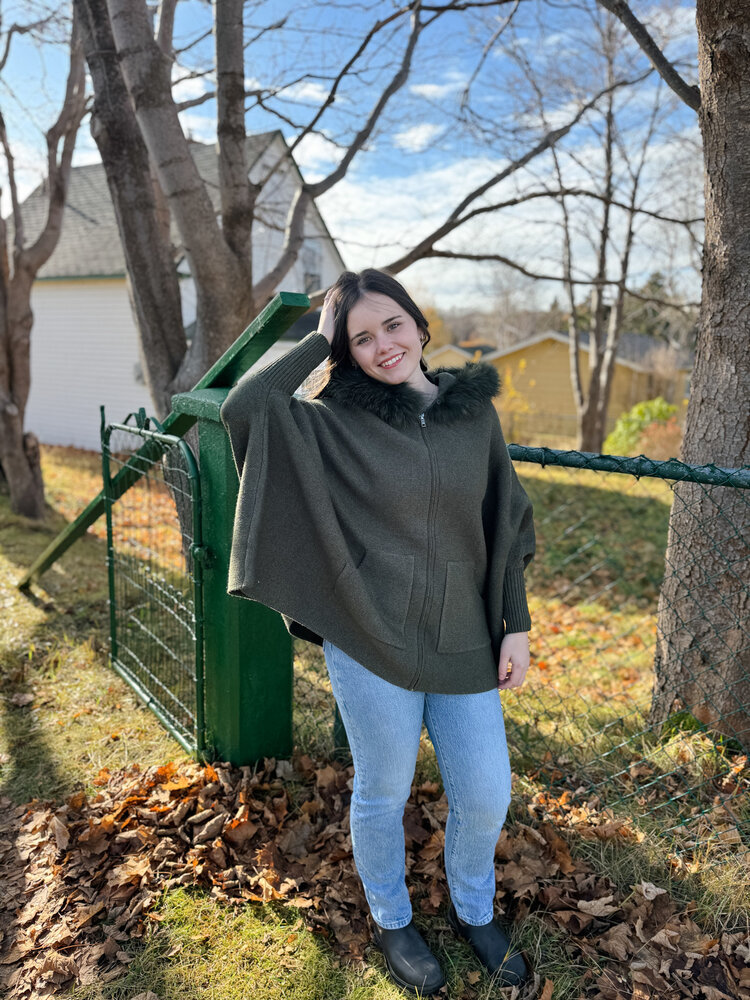 Zip Up Knit Hoodie Poncho Fox Trim