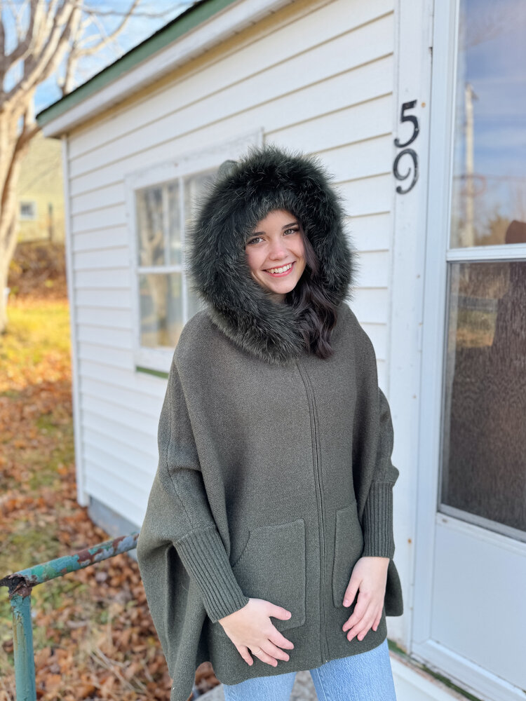 Zip Up Knit Hoodie Poncho Fox Trim