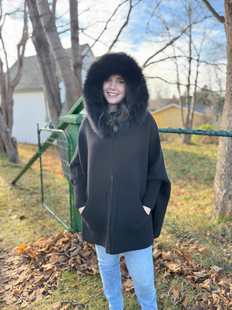 Zip Up Knit Hoodie Poncho Fox Trim