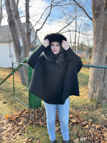 Zip Up Knit Hoodie Poncho Fox Trim