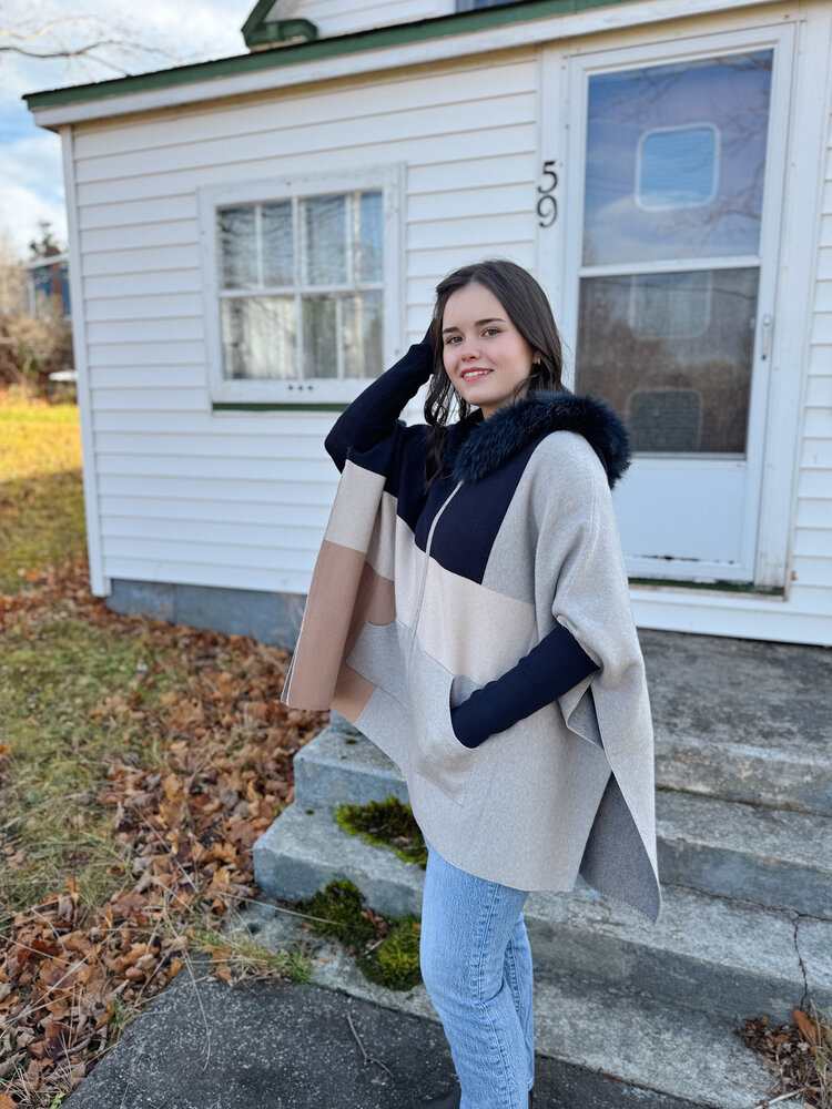 Zip Up Color Block Sweater Fox Trim