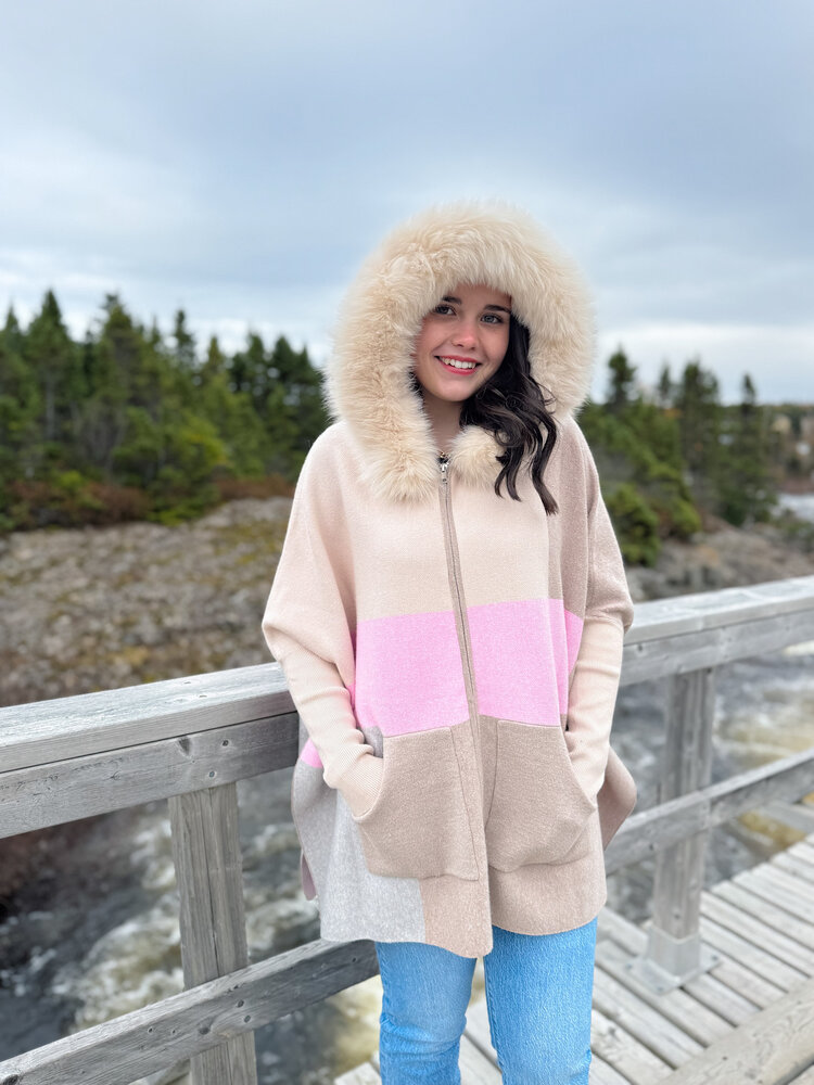 Zip Up Color Block Sweater Fox Trim