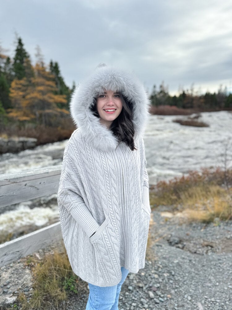 Zip Up Cable Knit Sweater Fox Trim