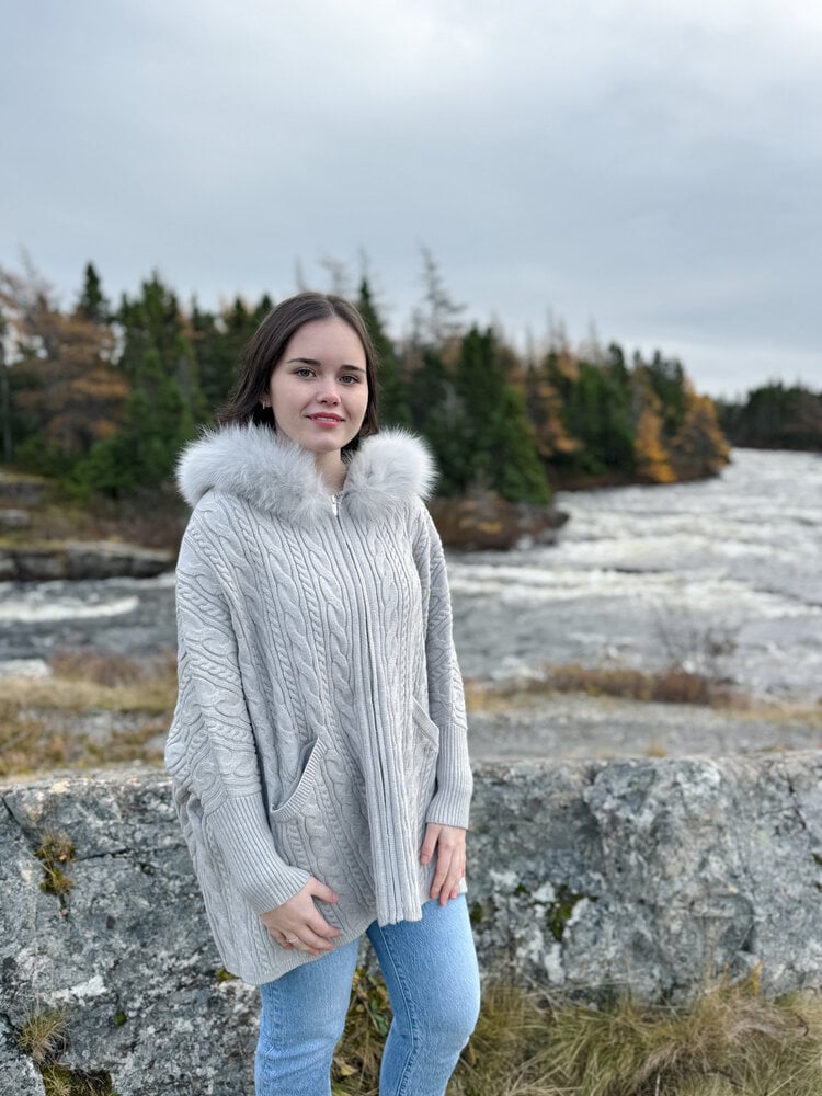 Zip Up Cable Knit Sweater Fox Trim