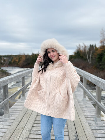 Zip Up Cable Knit Sweater Fox Trim