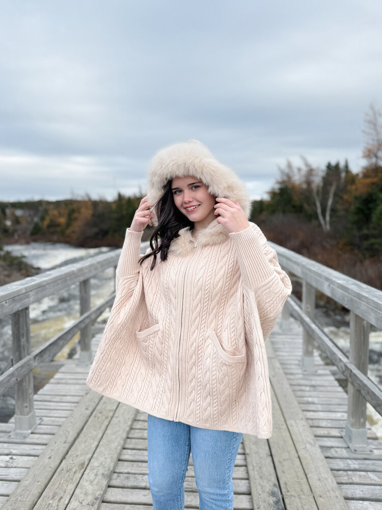 Zip Up Cable Knit Sweater Fox Trim