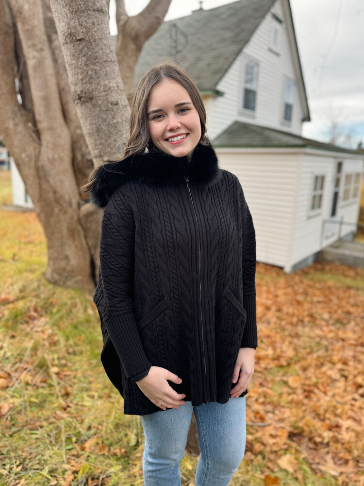 Zip Up Cable Knit Sweater Fox Trim