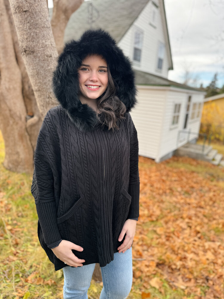 Zip Up Cable Knit Sweater Fox Trim