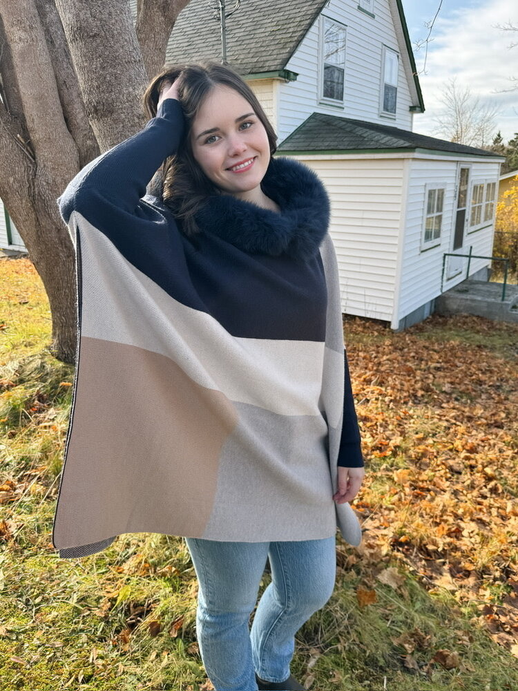 Color Block Sweater Fox Trim