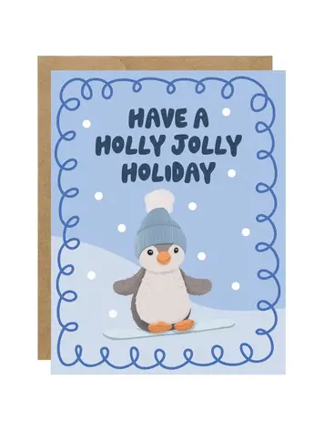 Holly Jolly Holiday Snowboard Penguin Christmas Card
