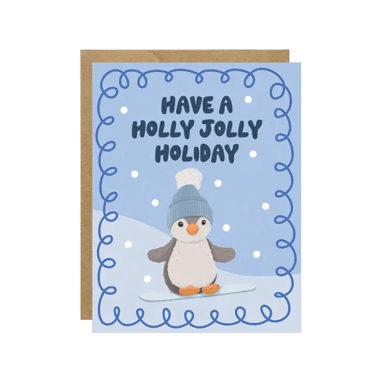 Holly Jolly Holiday Snowboard Penguin Christmas Card