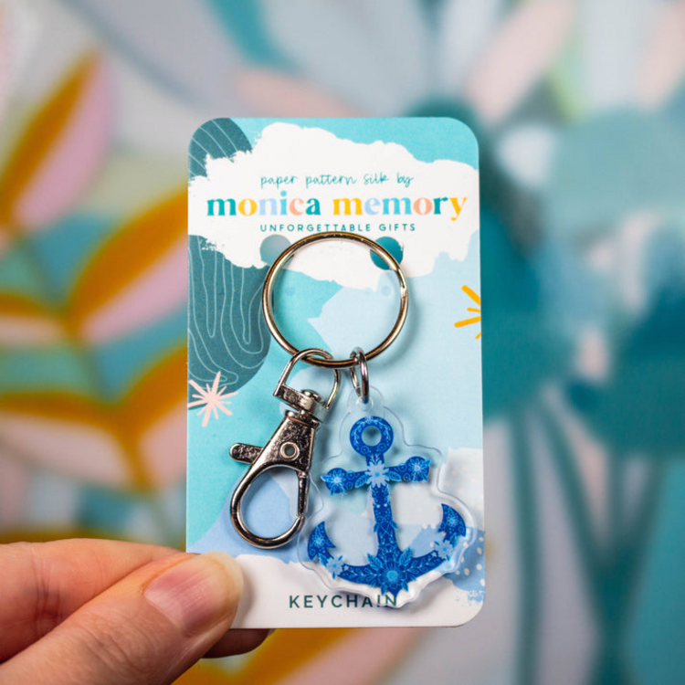 Blue Floral Anchor Keychain