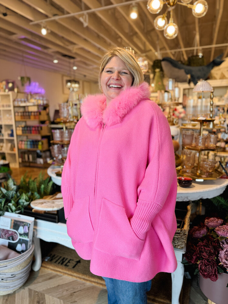 Zip Up Knit Hoodie Poncho Fox Trim