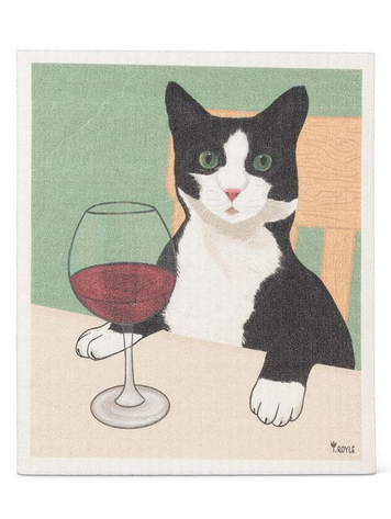 Cat with Wine Dishcloth