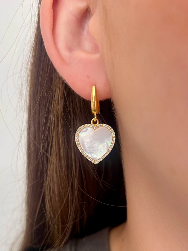 Mother of Pearl Crystal Heart Earrings