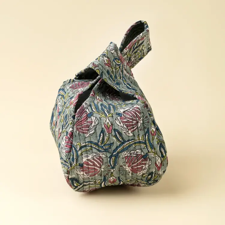 Teal Block Print Knot Vanity Bag