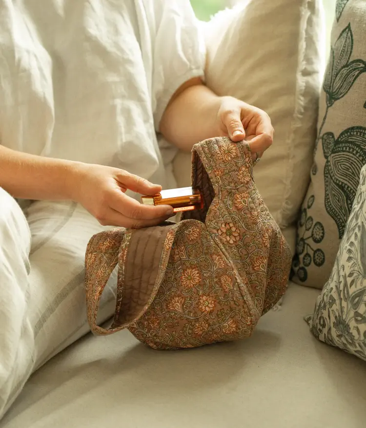 Peach Block Print Knot Vanity Bag