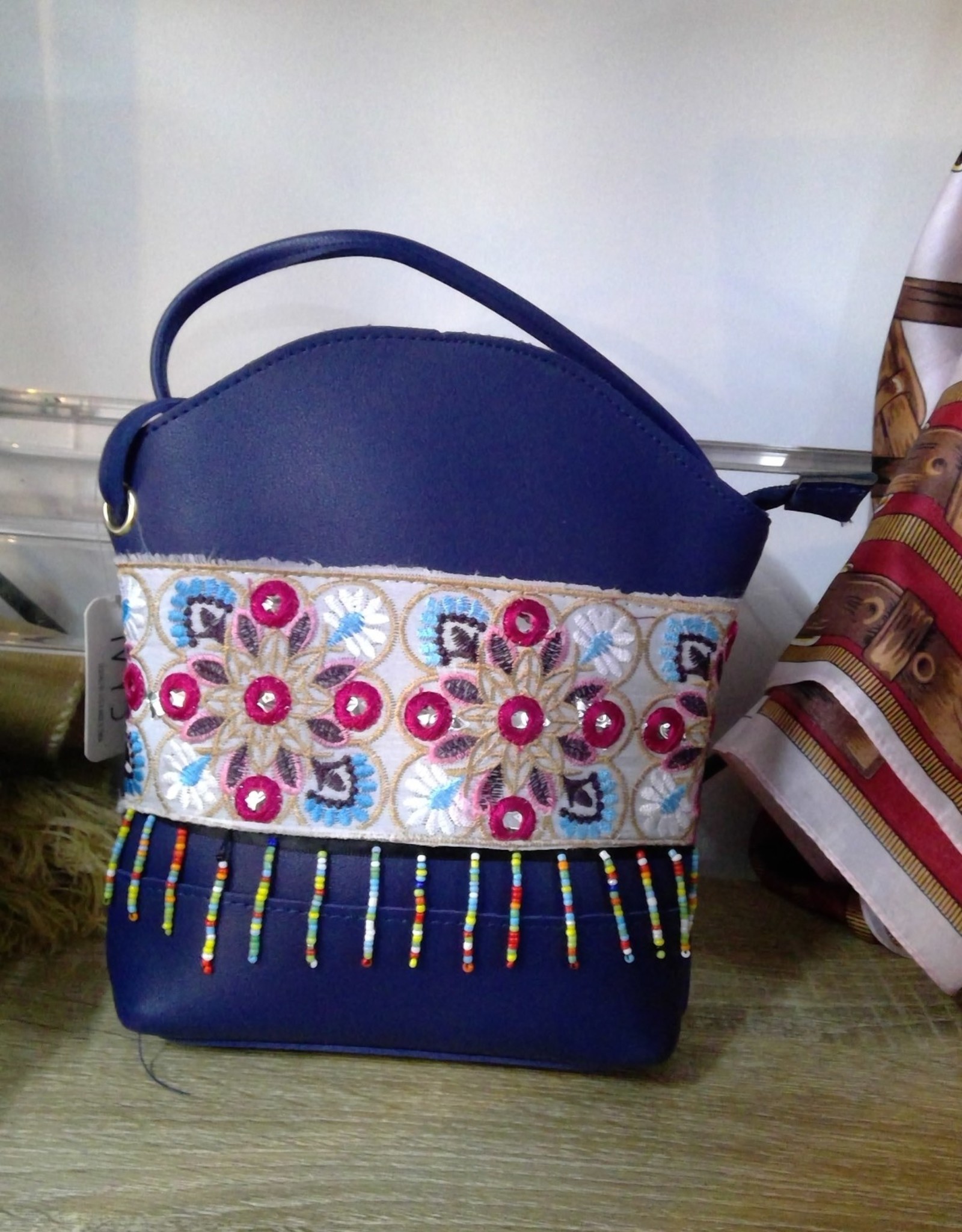 Shoulder Bag Blue with Embroidery & Tassles