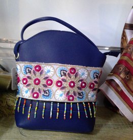 Shoulder Bag Blue with Embroidery & Tassles