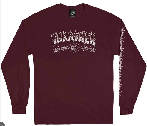 THRASHER THRASHER BARBED WIRE L/S TEE MAROON