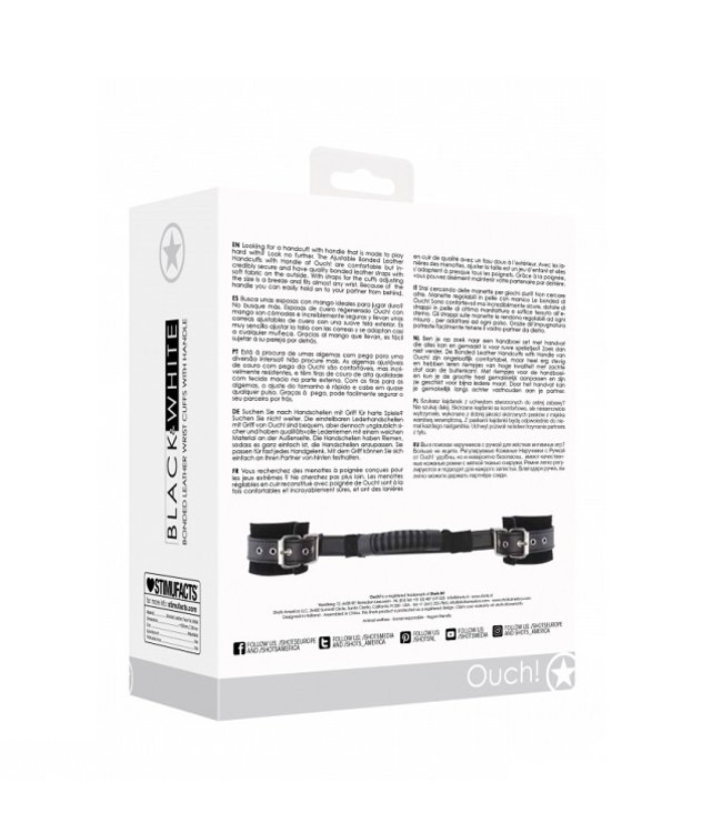 Shots America Ouch! Black & White Bonded Leather Hand Cuffs with Handle