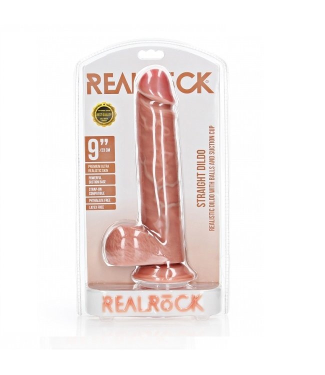 Shots America RealRock Straight Realistic Dildo with Balls and Suction Cup - 9"